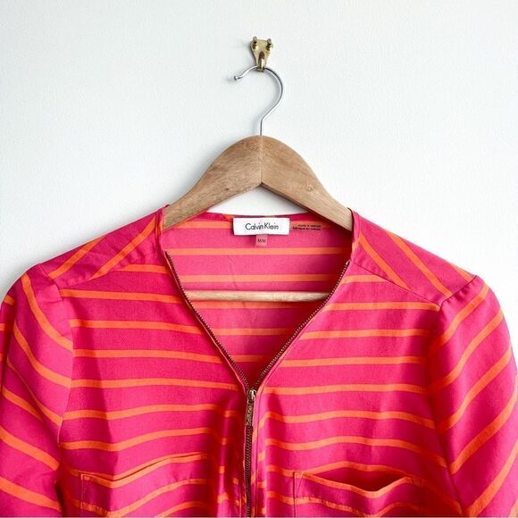 Calvin Klein Blouse Half Zip Pink Orange Stripe Cuffed Sleeves Button Women's M - Picture 3 of 10